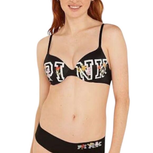 VS PINK wear everywhere tshirt lightly lined bra size 32b black floral - Picture 1 of 6